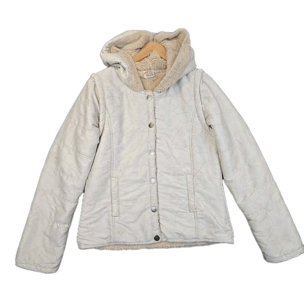 O'Neill Womens XL Sherpa Lined Jacket Ivory Hooded Zip Off Sleeves Floral